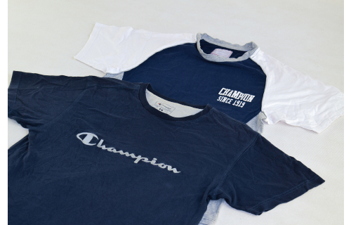 2x Champion T-Shirt TShirt Spellout Vintage Retro Sportswear Blau Blue Weiß L